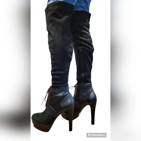 Jlo Vivah Black over the Knee Platform Boots with lace up front Size 7 1/2 M - Picture 8 of 16
